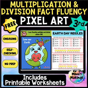 Preview of FREE Earth Day Riddles Multiplication and Division Fact Fluency Pixel Art