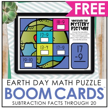 Preview of FREE Earth Day Subtraction to 20 Boom Cards | Earth Day Math Activity