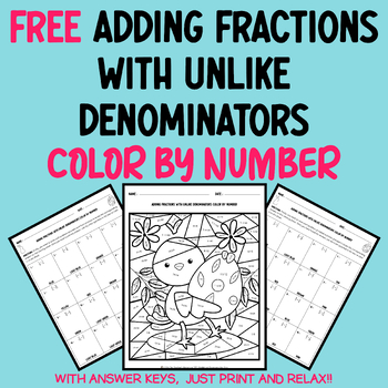 Preview of Free Easter Fractions: Adding Fractions With Unlike Denominators Math Coloring