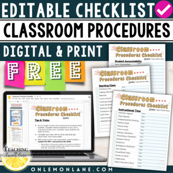 Preview of FREE & Editable Back to School Classroom Procedures & Routines Checklist Slides