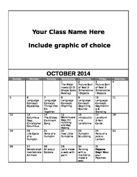 Preview of FREE Editable October Lesson Overview Calendar (Montessori, Early Childhood)