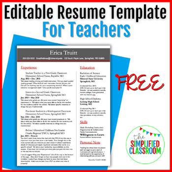 Preview of FREE Editable Resume Template for Teachers