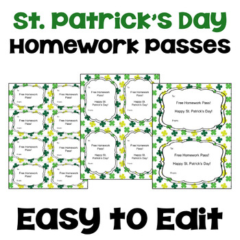Preview of FREE Editable St. Patrick's Day Homework Passes