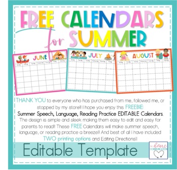 Preview of FREE Editable Summer Speech Practice or Homework Calendar Template