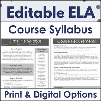 Preview of FREE Editable Syllabus for Middle and High School English Language Arts Courses
