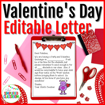 Preview of Editable Valentines Day Party Letter Home to Families and Parents for Exchange