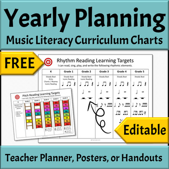 Preview of FREE Elementary Music Curriculum Yearly Planning Charts - EDITABLE