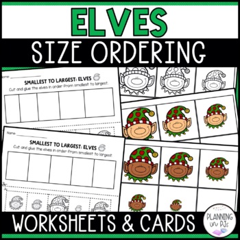 Preview of FREE Elves Size Ordering | Order by Size Christmas Math Centers | Cut and Glue