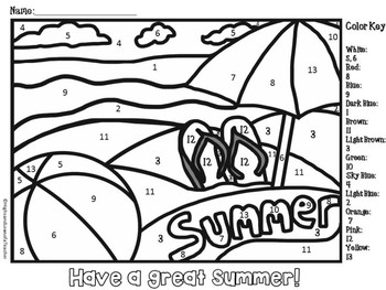 free end of year color by number summer theme coloring page tpt