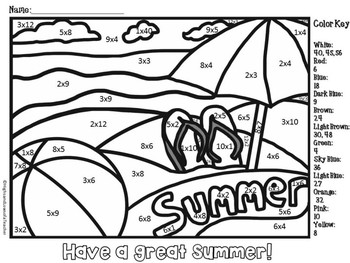 free end of year color by number summer theme multiplication facts