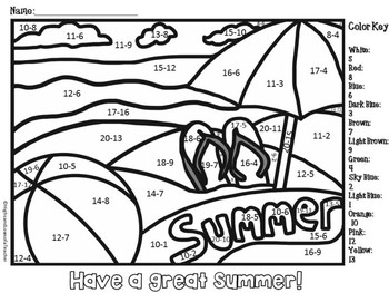 free end of year color by number summer theme subtraction within 20