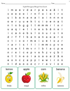 Preview of FREE English Portuguese Bilingual Word Search Puzzle - Food Theme