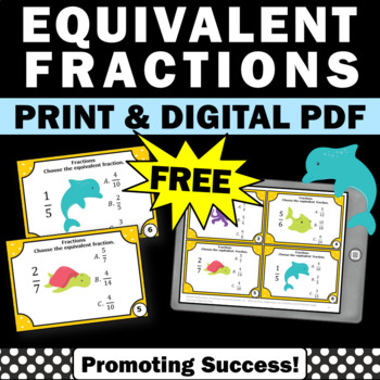Preview of FREE Equivalent Fractions Game Fraction Practice SCOOT Task Cards Stations 4th