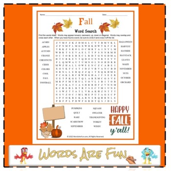 Preview of FREE FALL Word Search Puzzle Handout Fun Activity