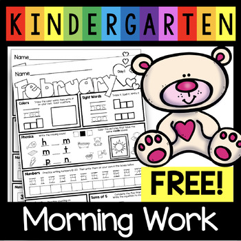Preview of FREE February Morning Work for Kindergarten Worksheets Valentine's Day Homework
