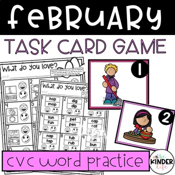 Preview of Kindergarten February Valentine's Day CVC | Word Work Task Cards