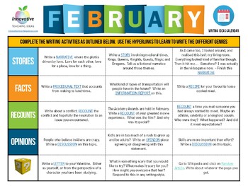 Preview of FREE February Writing Prompts | Interactive Writing Task Calendar