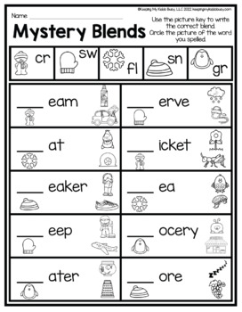 FREE First grade worksheets for January Phonics Digraphs Blends Math