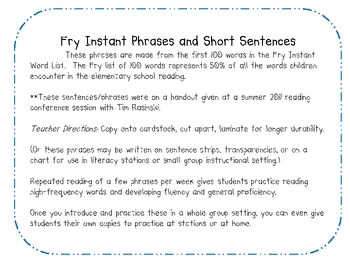Preview of FREE Fry's Short Sentences and Phrases for Fluency