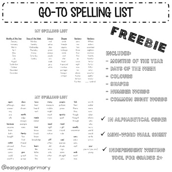 Preview of FREE: GO-TO SPELLING LIST FOR INDEPENDENT WRITING