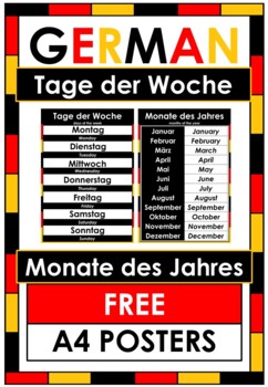 Preview of FREE German - Tage der Woche - Monate des Jahres - Word Wall - A4 Poster