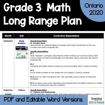 Preview of FREE Grade 3 Math Long Range Plan - Ontario 2020 Curriculum