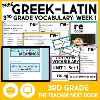 Preview of FREE Greek and Latin Vocabulary for 3rd Grade - Week 1 "RE" Prefix Morphology