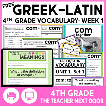 Preview of FREE Greek and Latin Vocabulary for 4th Grade - Week 1 "COM" Root Morphology