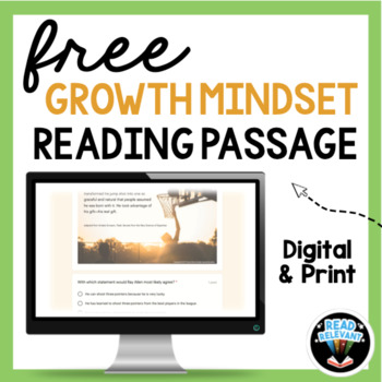 Preview of FREE Growth Mindset Reading Comprehension worksheets | Print and Digital