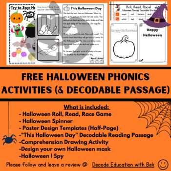 Preview of Decodable Halloween Roll, Read Game, ISpy, Poster, Reading Passage & Activities