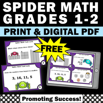 Preview of FREE 1st 2nd Grade Halloween Math Review Game Task Cards Spider Theme Centers