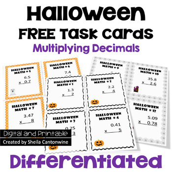 Preview of FREE Halloween Math Multiplying Decimals Task Cards
