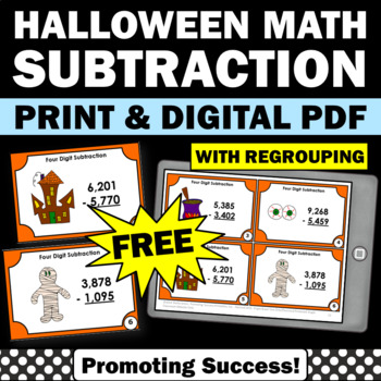 Preview of FREE Halloween Math Games Subtraction with Regrouping 4th 5th Grade Review