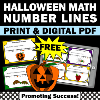 Preview of FREE Kindergarten Halloween Math Activities Centers Task Cards Number Line to 20