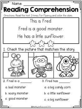 free kindergarten reading comprehension halloween edition tpt