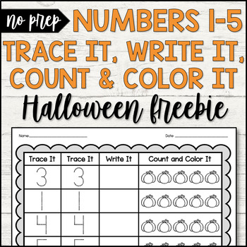 Preview of FREE - Halloween Themed Numbers 1-5: Trace It, Write It, Count & Color It