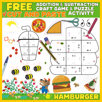 Preview of FREE Hamburger Addition & Subtraction Math Center: Craft Game & Puzzle Activity