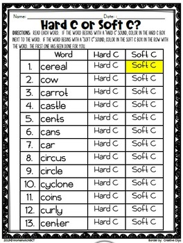 FREE Hard C or Soft C ? Worksheet / Activity Page by Workaholic NBCT