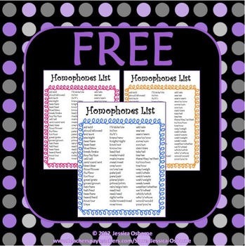 Preview of Homophones List (FREE)