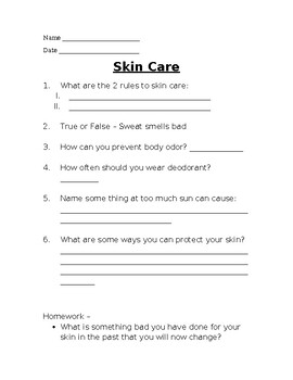 Preview of FREE - Hygiene: Skin Protection Worksheet - FREE