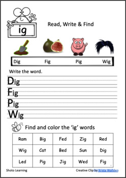 Preview of FREE - IG WORD FAMILY CVC BLEND WORKSHEET WORDS FAMILIES READING WRITING