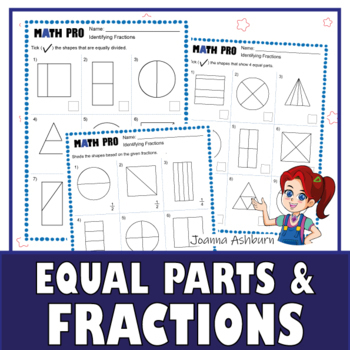 Preview of FREE Fraction Worksheets | Identifying Equal and Unequal Parts, Halves & Fourths