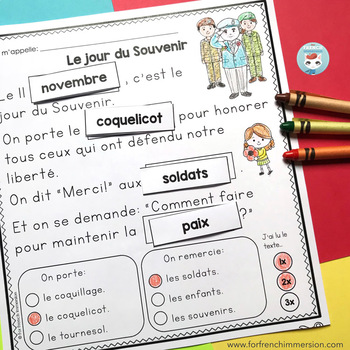 Preview of FREE Jour du Souvenir French Remembrance Day French Reading Comprehension