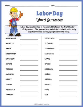 Free Labor Day Word Scramble Puzzle Worksheet Activity By Puzzles To Print
