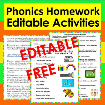 Preview of FREE EDITABLE Printable Letter Phonics Phonemes Homework Kindergarten 1st Grade