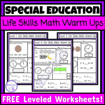 Preview of FREE Life Skills Math Warm Ups Worksheets Special Education Morning Work Math