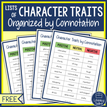 Preview of FREE List of Character Traits Organized by Connotation and Denotation