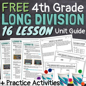 Preview of FREE Long Division 16 Lessons Unit Guide With Practice Worksheets & Activities