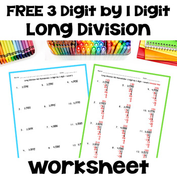 Preview of FREE Long Division Worksheet 3 Digit by 1 Digit