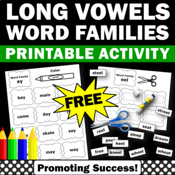 Preview of FREE Word Families Worksheets Long Vowels Cut and Paste Coloring Pages Review